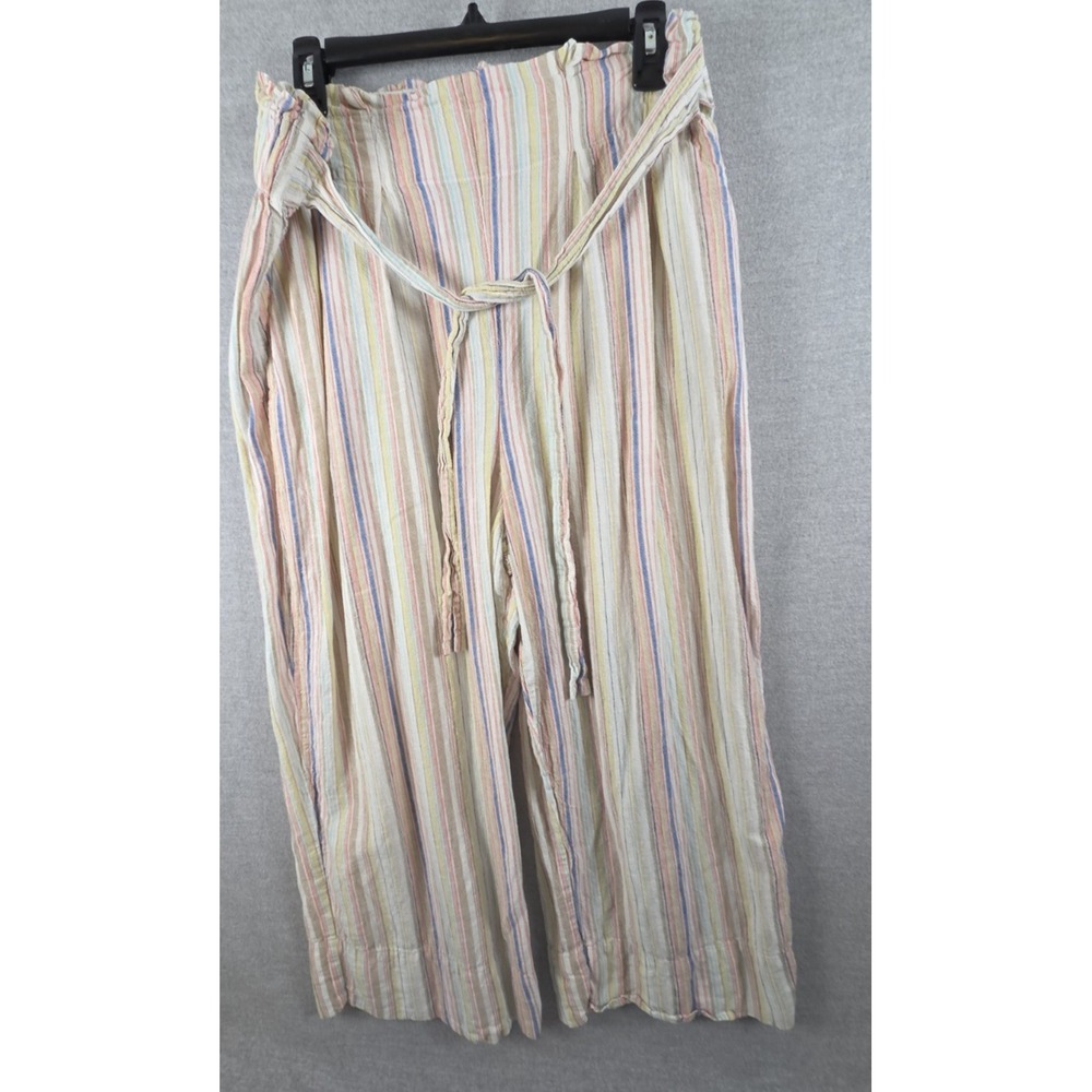Zac & Rachel Linen Pants XL Rainbow Pastel Stripe Cropped Boho Coastal Lagenlook